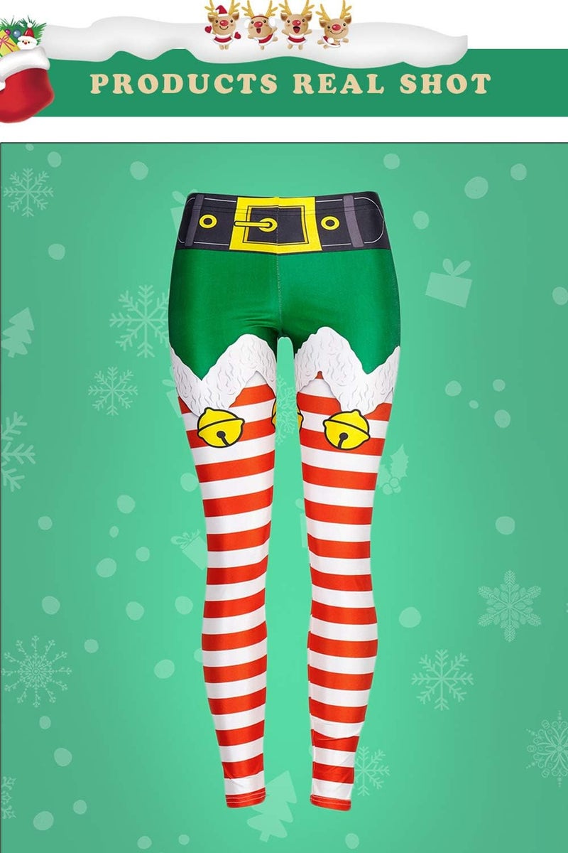 Pincuttee Christmas Leggings for Women Soft Green Stripe Stretchy Holiday Pants US S/M DK059 - Image 4